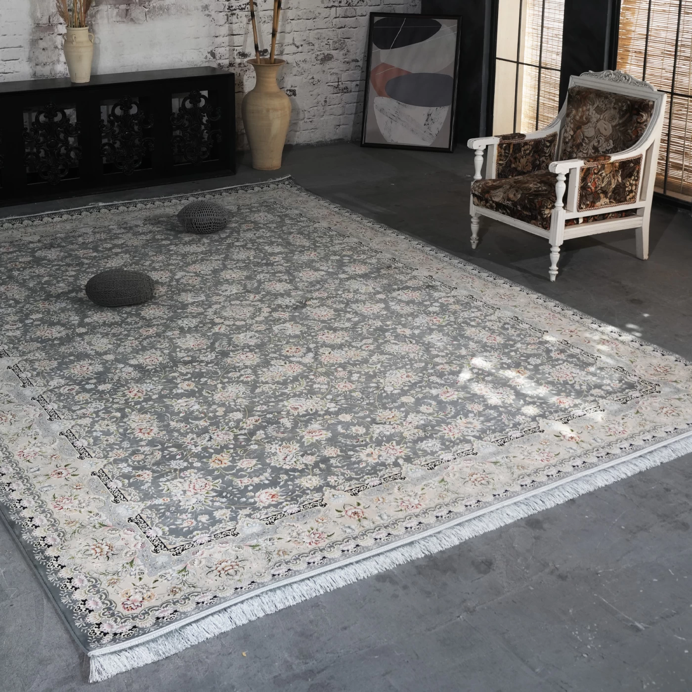 فرش ماشینی 1200 شانه تراکم 3600 گل برجسته طرح رزیتا دلفینی