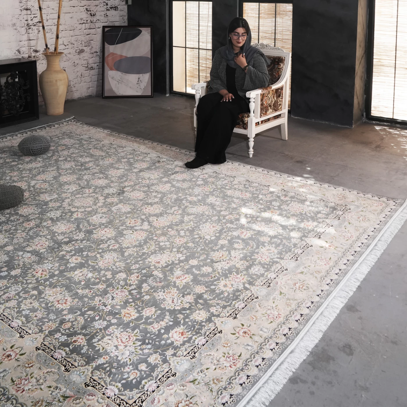 فرش ماشینی 1200 شانه تراکم 3600 گل برجسته طرح رزیتا دلفینی