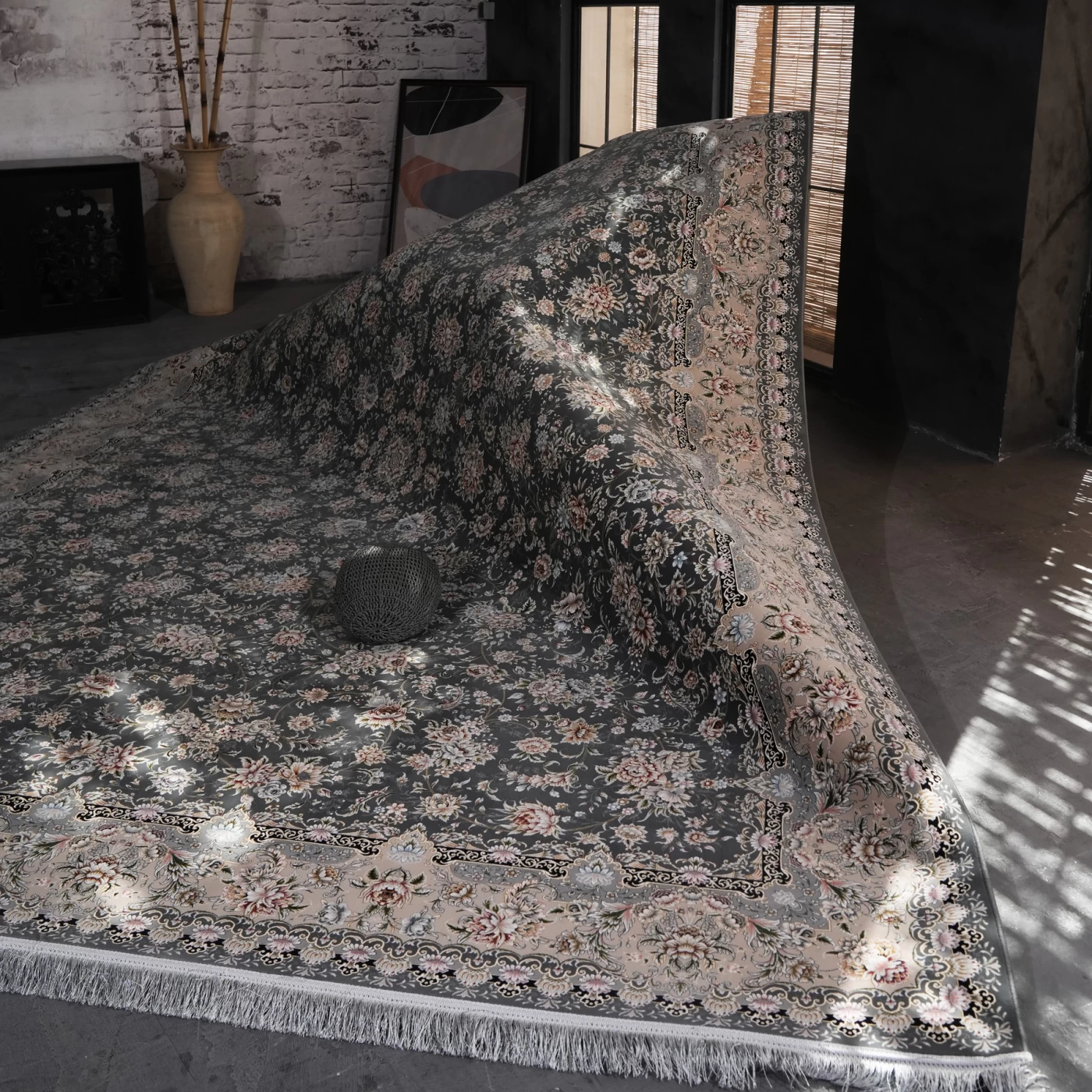 فرش ماشینی 1200 شانه تراکم 3600 گل برجسته طرح رزیتا دلفینی