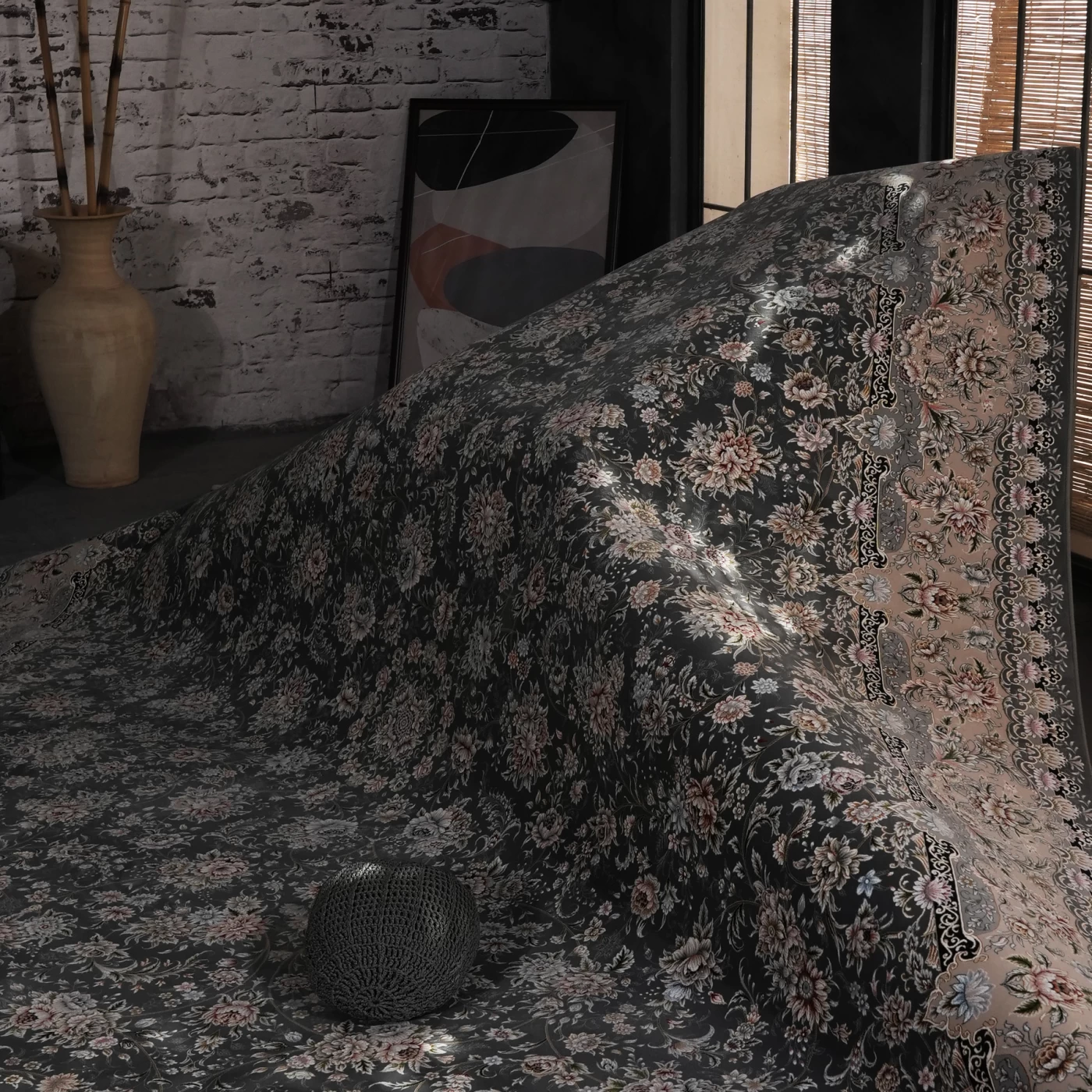 فرش ماشینی 1200 شانه تراکم 3600 گل برجسته طرح رزیتا دلفینی