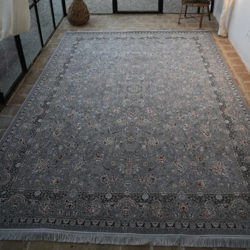 فرش ماشینی 1200 شانه تراکم 3600 گل برجسته طرح رزیتا نقره ای