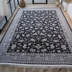 فرش ماشینی 1200 شانه تراکم 3600 گل برجسته طرح رزیتا سرمه ای - بازارفرش - فرش 1200 شانه