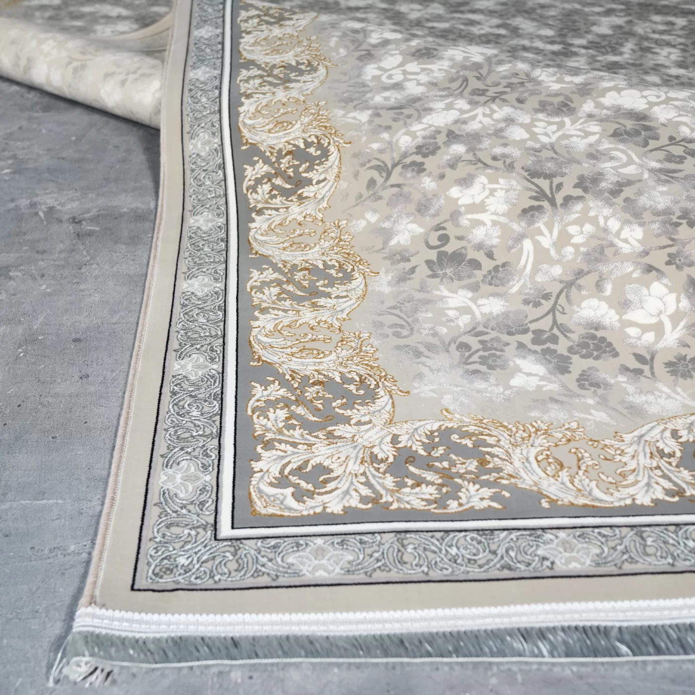 فرش ماشینی 1200 شانه تراکم 3600 گل برجسته طرح صدف بژ