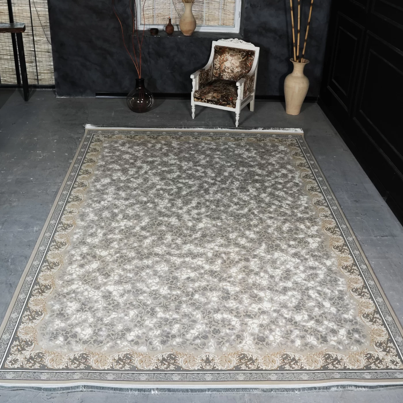 فرش ماشینی 1200 شانه تراکم 3600 گل برجسته طرح صدف بژ