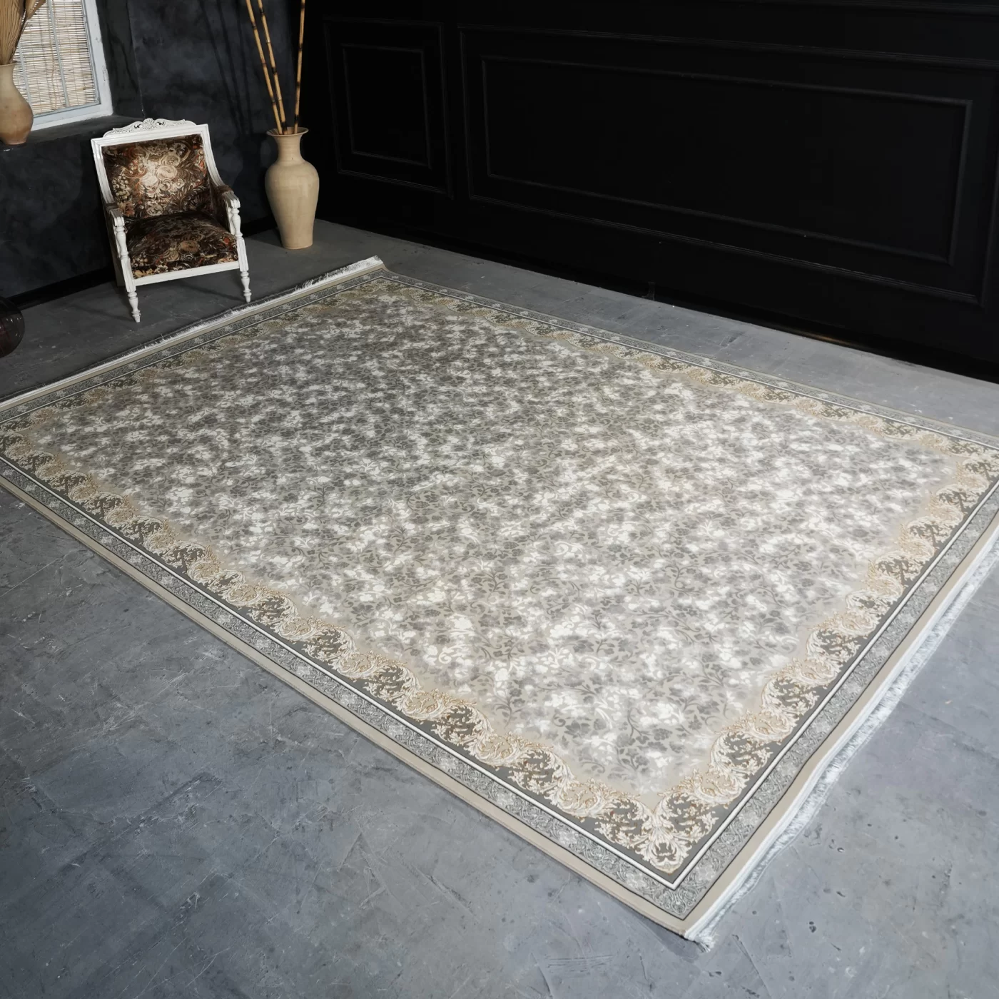 فرش ماشینی 1200 شانه تراکم 3600 گل برجسته طرح صدف بژ