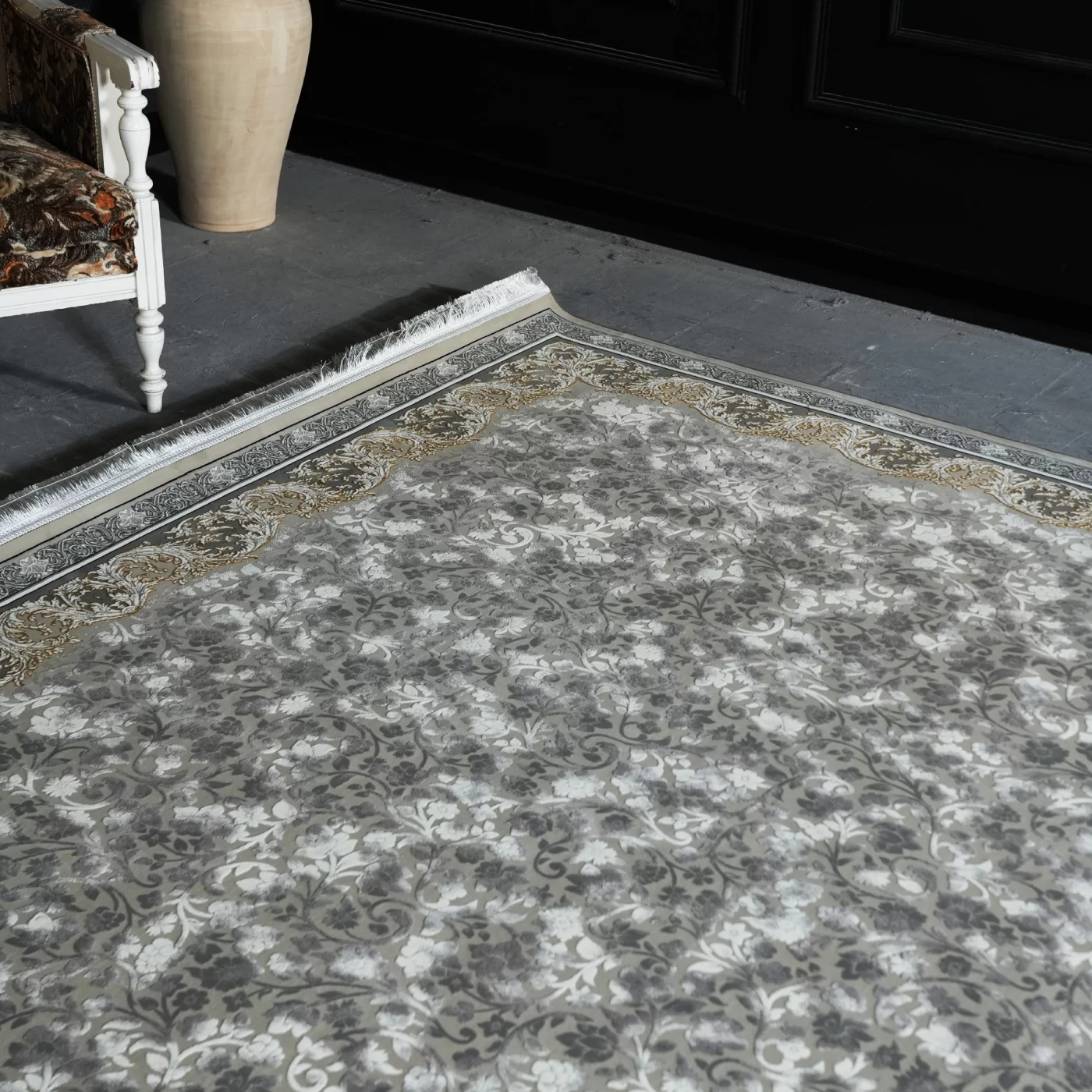 فرش ماشینی 1200 شانه تراکم 3600 گل برجسته طرح صدف بژ