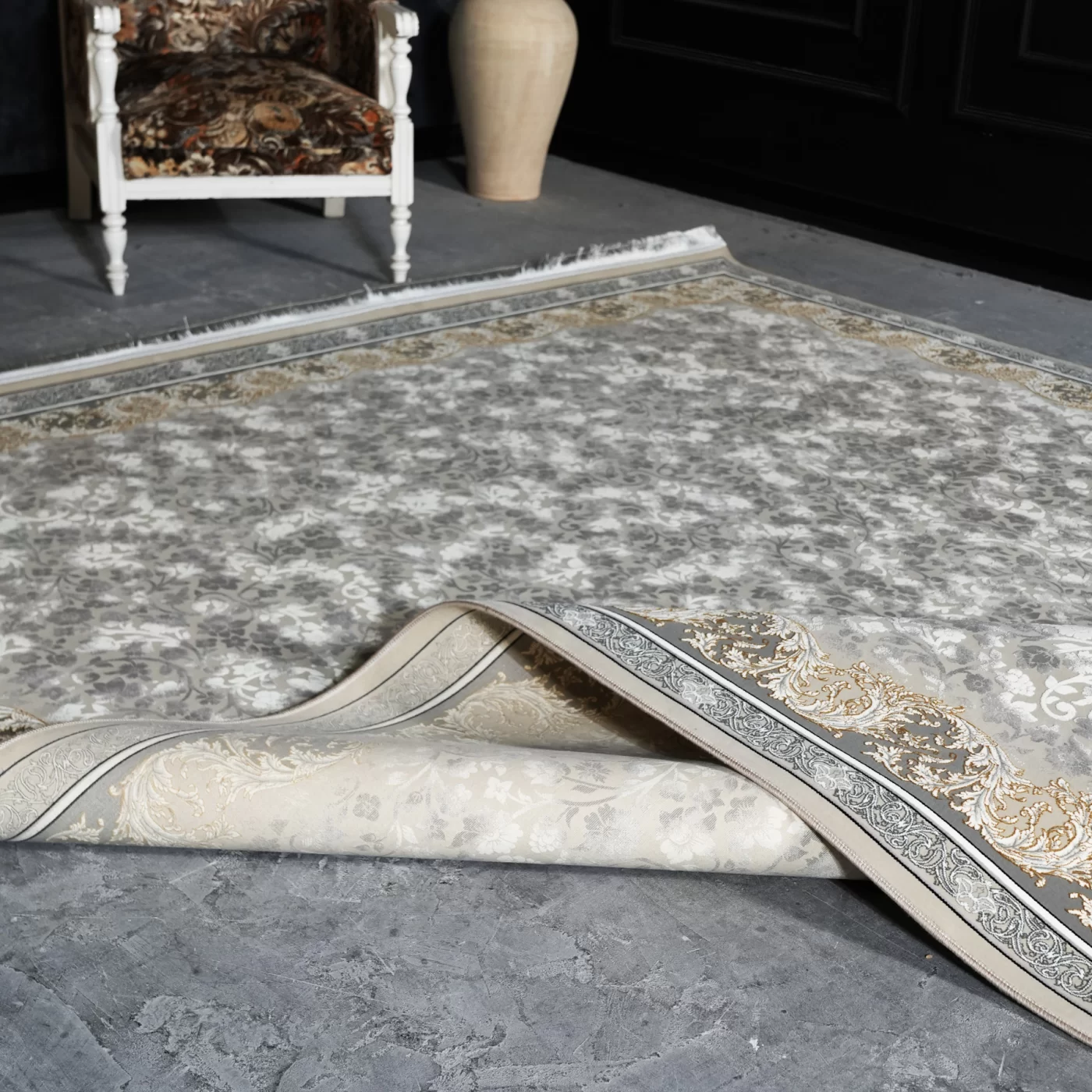 فرش ماشینی 1200 شانه تراکم 3600 گل برجسته طرح صدف بژ