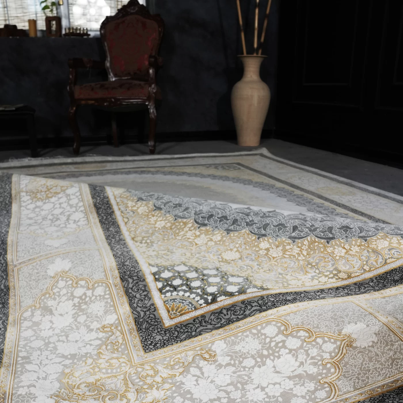 فرش ماشینی 1200 شانه تراکم 3600 گل برجسته طرح صدرا بژ