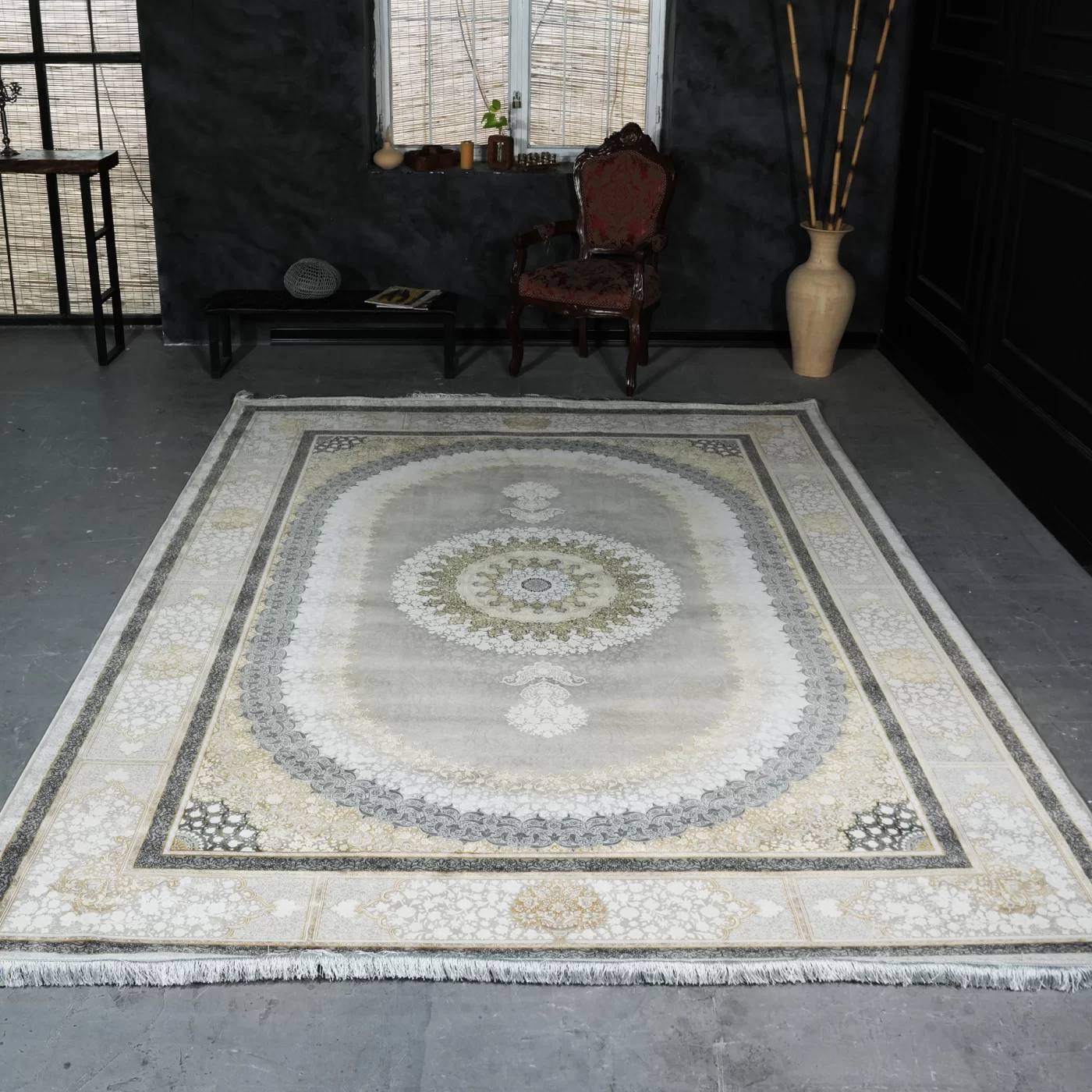 فرش ماشینی 1200 شانه تراکم 3600 گل برجسته طرح صدرا بژ