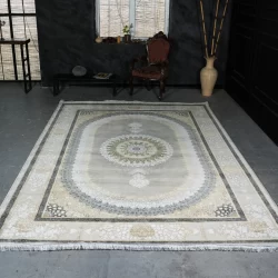 فرش ماشینی 1200 شانه تراکم 3600 گل برجسته طرح صدرا بژ - بازارفرش - فرش 1200 شانه