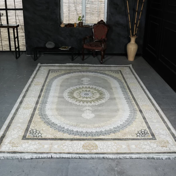 فرش ماشینی 1200 شانه تراکم 3600 گل برجسته طرح صدرا بژ