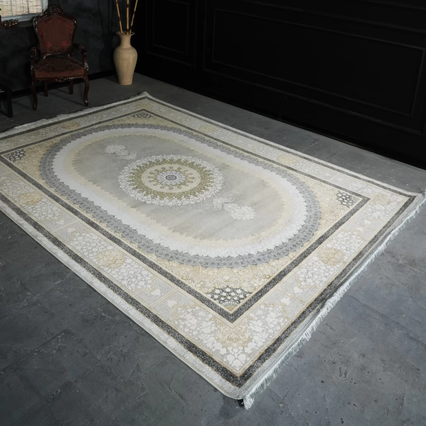 فرش ماشینی 1200 شانه تراکم 3600 گل برجسته طرح صدرا بژ