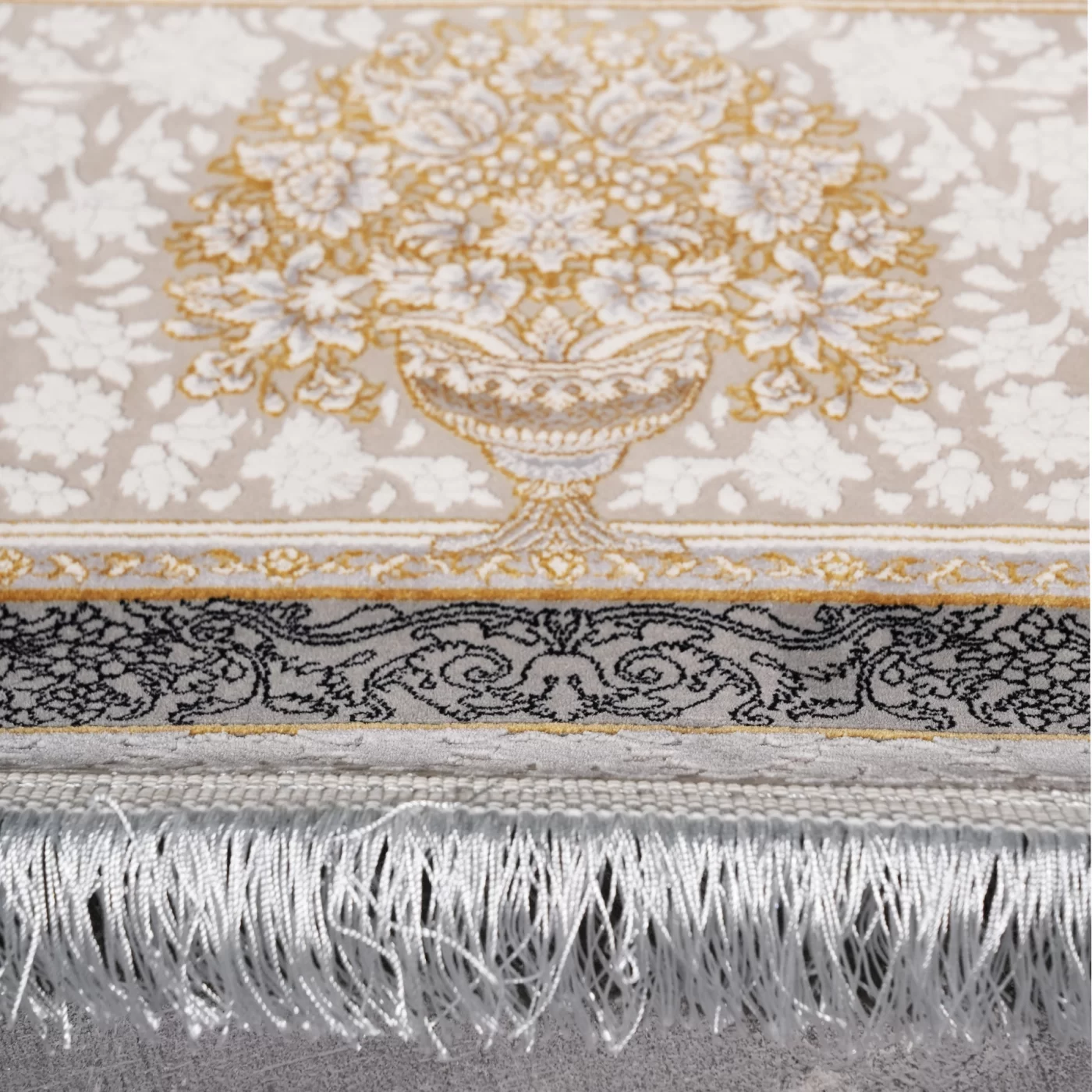 فرش ماشینی 1200 شانه تراکم 3600 گل برجسته طرح صدرا بژ