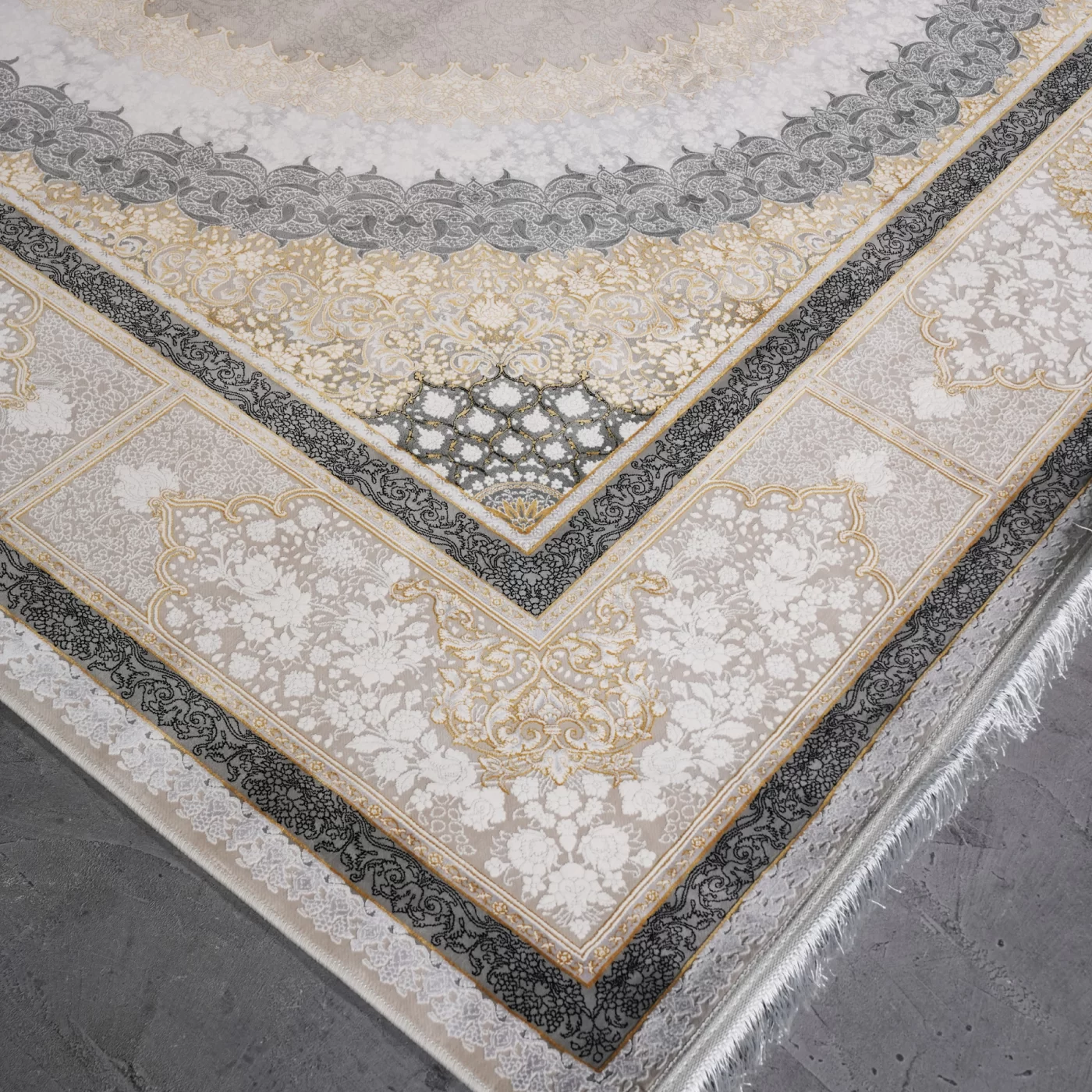 فرش ماشینی 1200 شانه تراکم 3600 گل برجسته طرح صدرا بژ