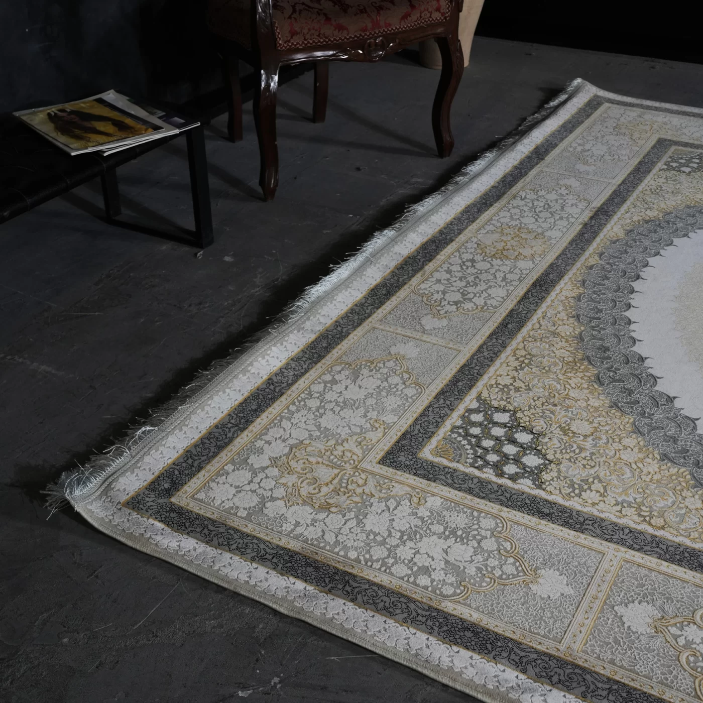 فرش ماشینی 1200 شانه تراکم 3600 گل برجسته طرح صدرا بژ