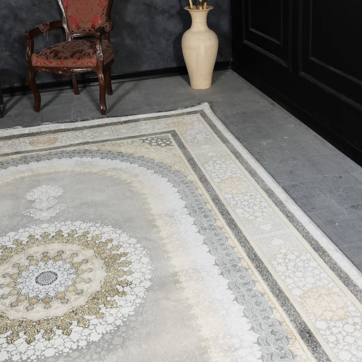 فرش ماشینی 1200 شانه تراکم 3600 گل برجسته طرح صدرا بژ