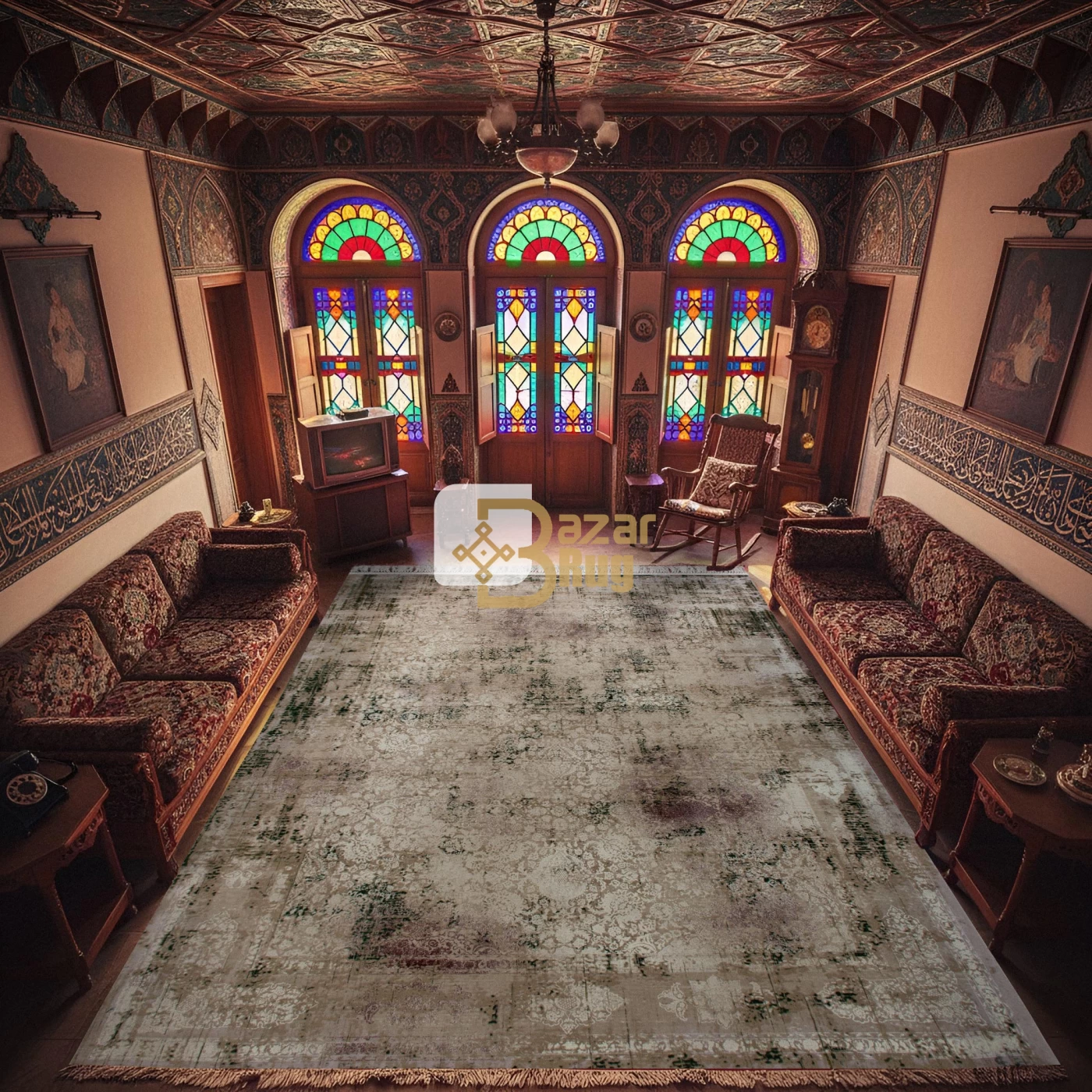 فرش ماشینی 1200 شانه تراکم 3600گل برجسته طرح سحا صدفی سبز