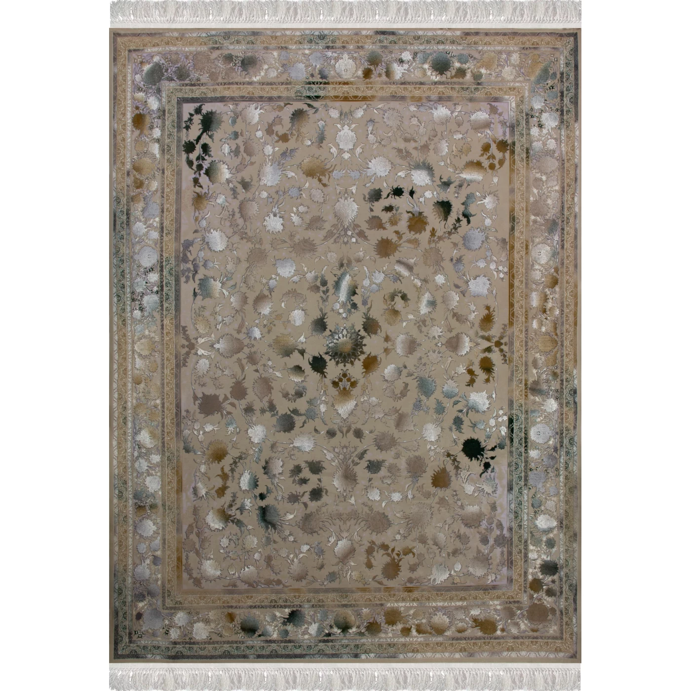 فرش ماشینی 1200 شانه تراکم 3600گل برجسته طرح شاهکار صدفی سبز