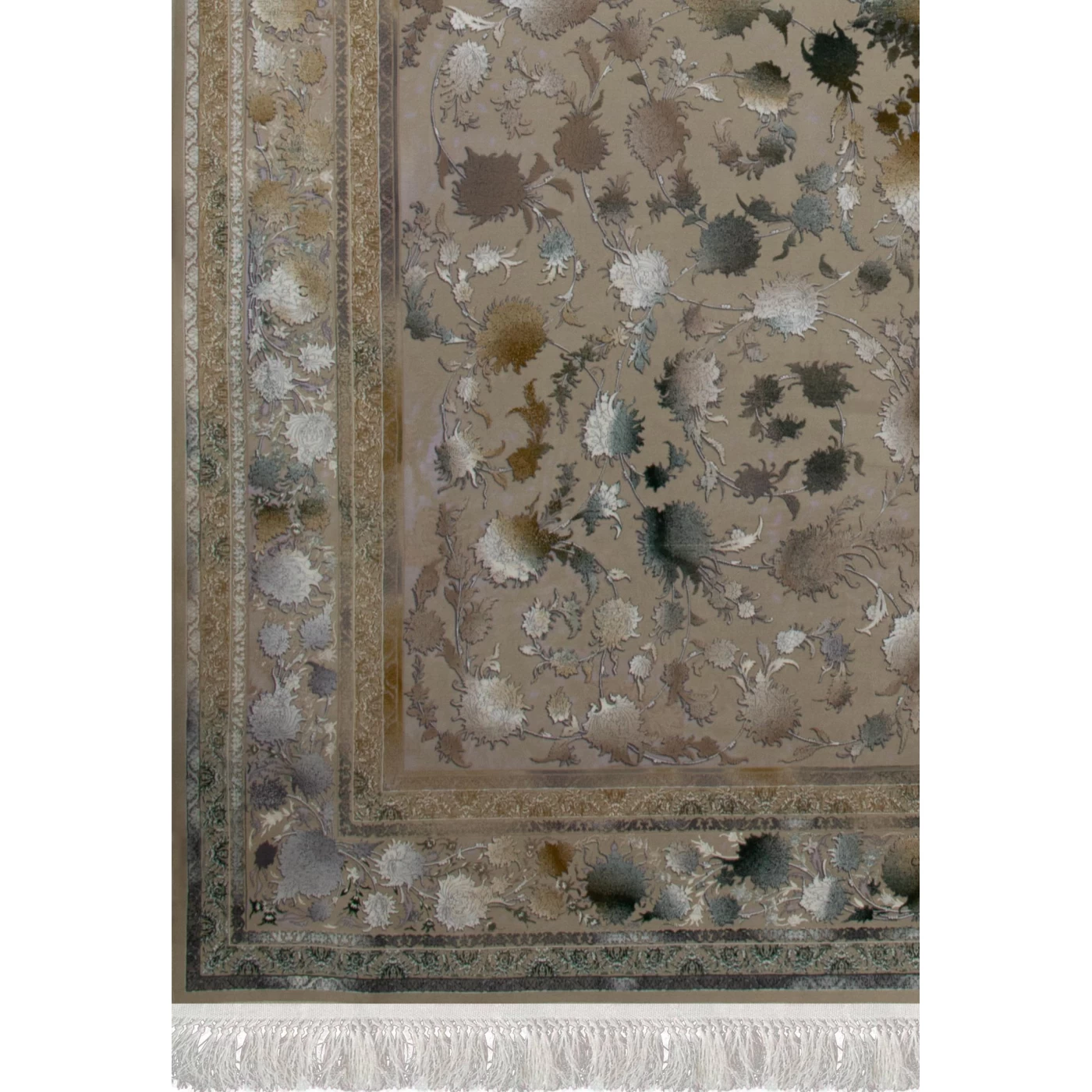 فرش ماشینی 1200 شانه تراکم 3600گل برجسته طرح شاهکار صدفی سبز