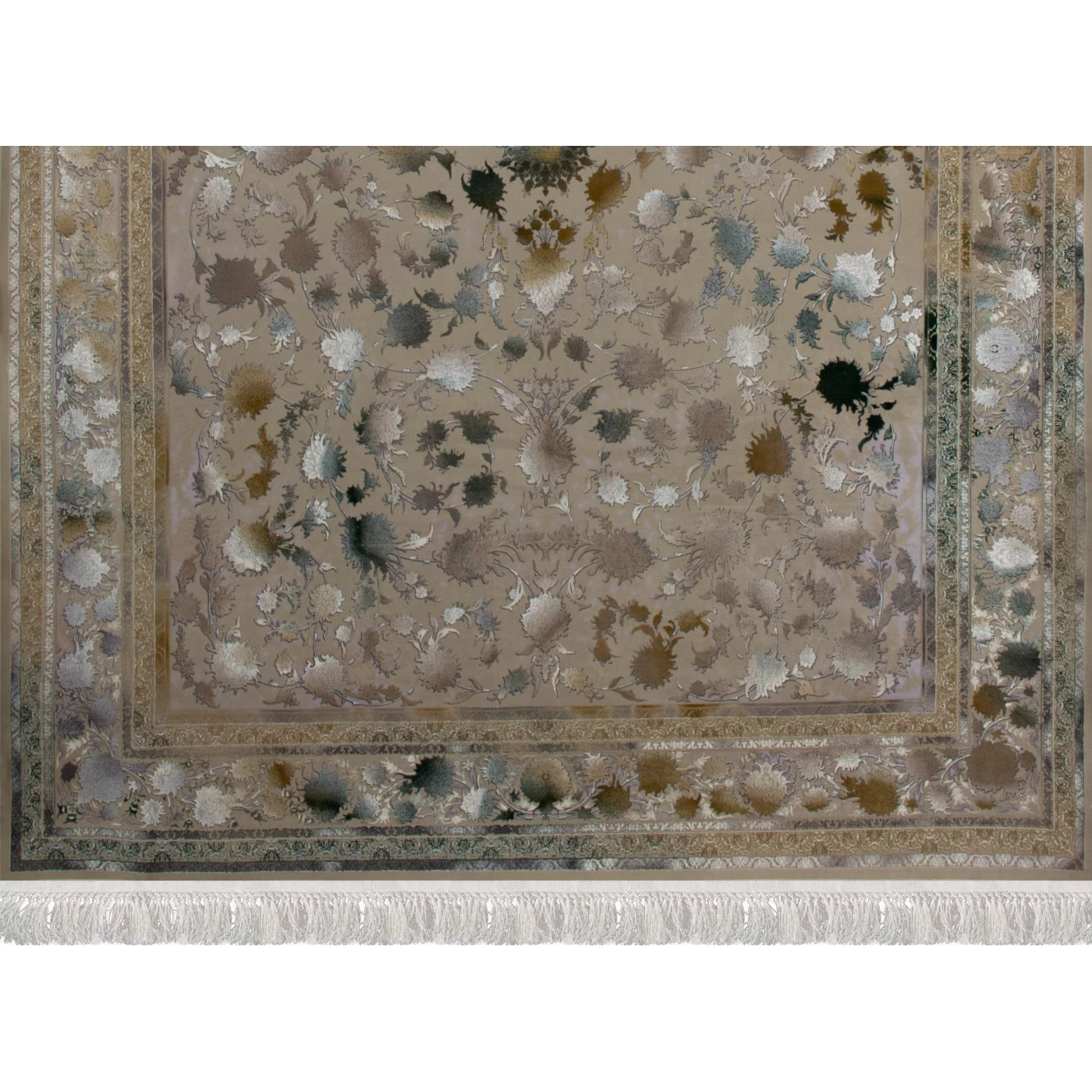 فرش ماشینی 1200 شانه تراکم 3600گل برجسته طرح شاهکار صدفی سبز