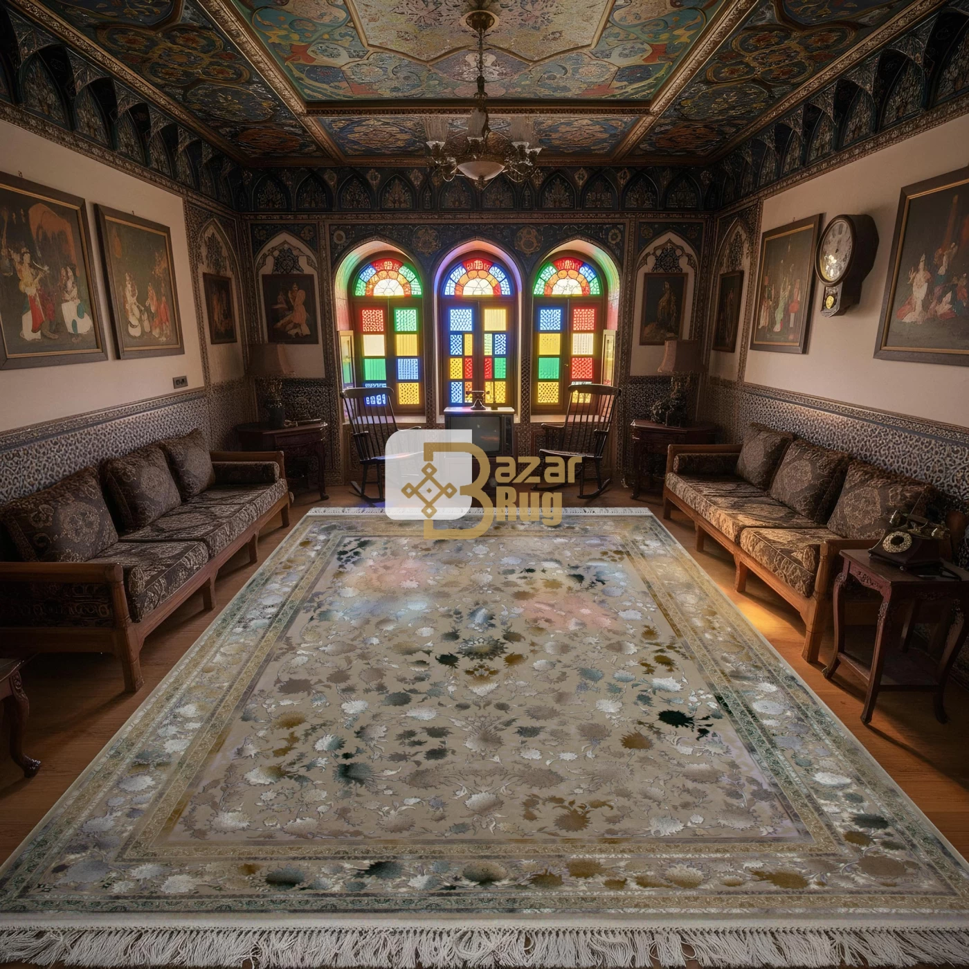 فرش ماشینی 1200 شانه تراکم 3600گل برجسته طرح شاهکار صدفی سبز