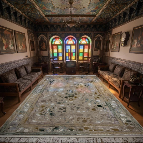 فرش ماشینی 1200 شانه تراکم 3600گل برجسته طرح شاهکار صدفی سبز