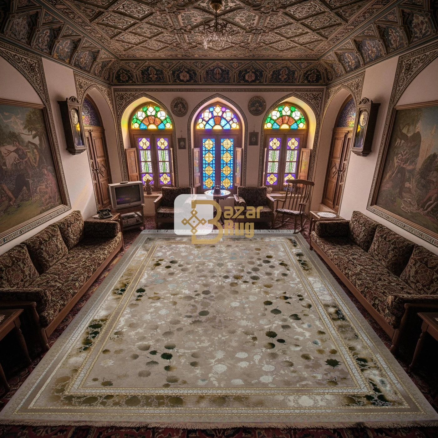 فرش ماشینی ۱۲۰۰ شانه تراکم ۳۶۰۰ گل برجسته طرح شهرزاد صدفی سبز