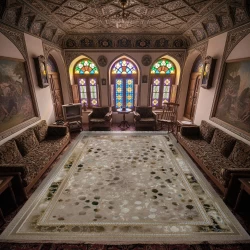 فرش ماشینی ۱۲۰۰ شانه تراکم ۳۶۰۰ گل برجسته طرح شهرزاد صدفی سبز - بازارفرش - فرش 1200 شانه