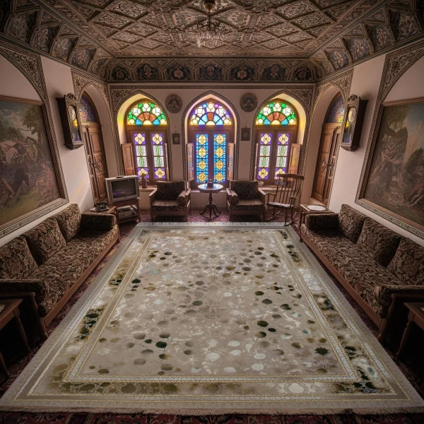 فرش ماشینی ۱۲۰۰ شانه تراکم ۳۶۰۰ گل برجسته طرح شهرزاد صدفی سبز