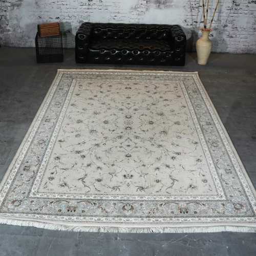 فرش ماشینی 1200 شانه تراکم 3600 گل برجسته طرح سماع بژ	