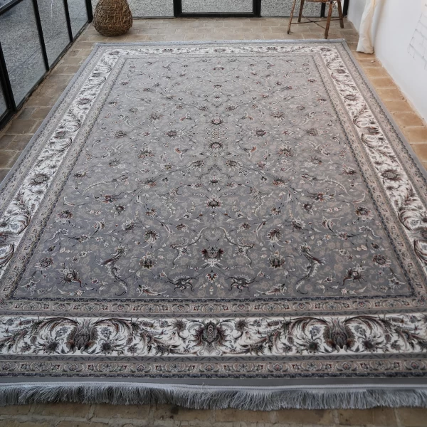 فرش ماشینی 1200 شانه تراکم 3600 گل برجسته طرح سماع نقره ای