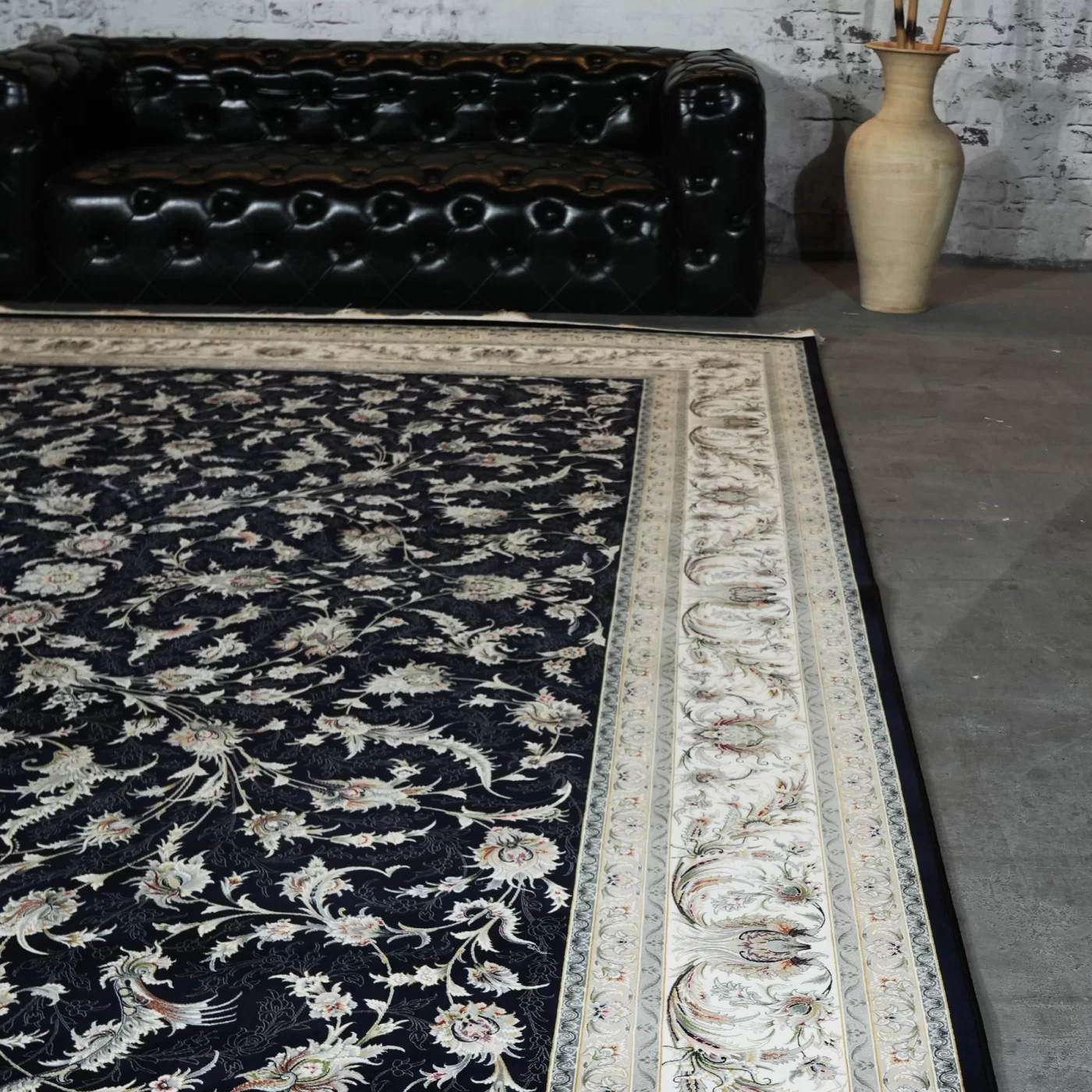 فرش ماشینی 1200 شانه تراکم 3600 گل برجسته طرح سماع سرمه ای