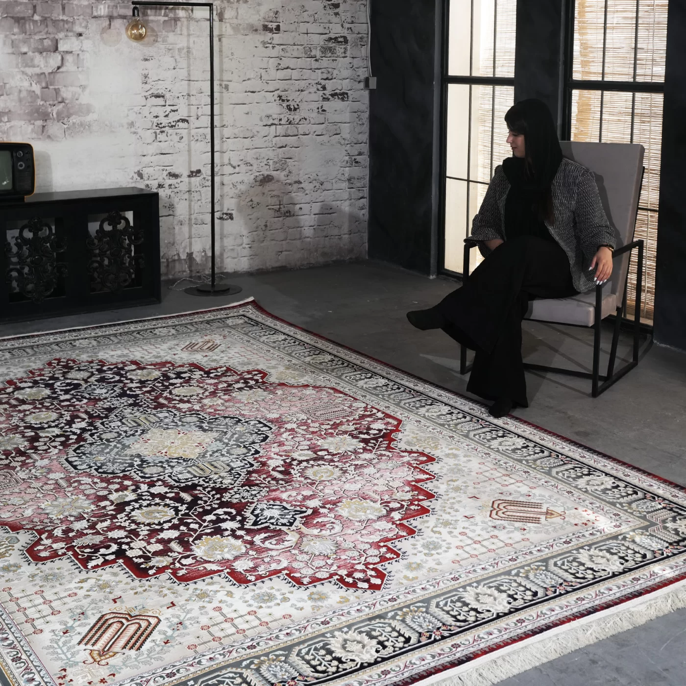 فرش ماشینی 1200 شانه تراکم 3600 گل برجسته طرح شانار لاکی