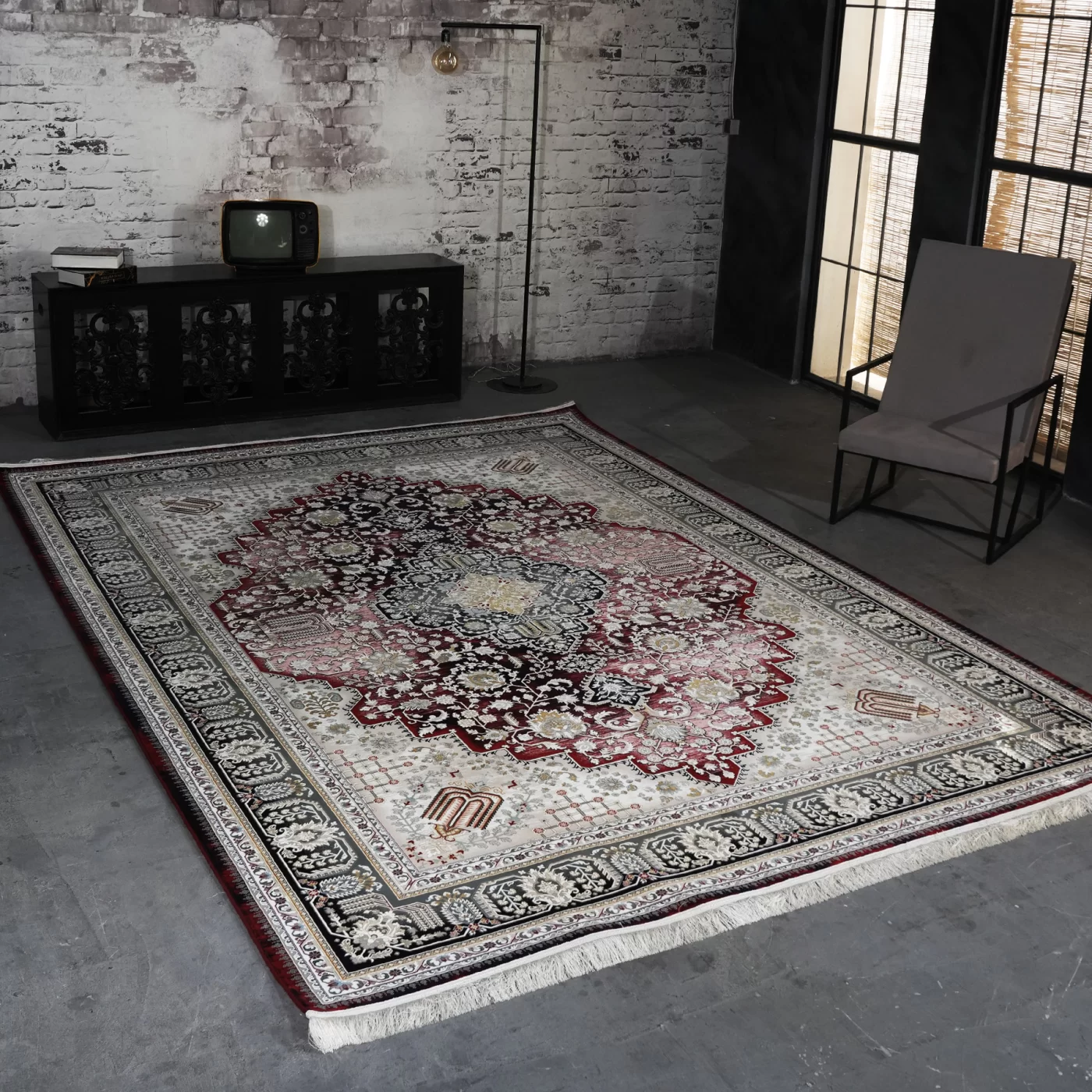 فرش ماشینی 1200 شانه تراکم 3600 گل برجسته طرح شانار لاکی