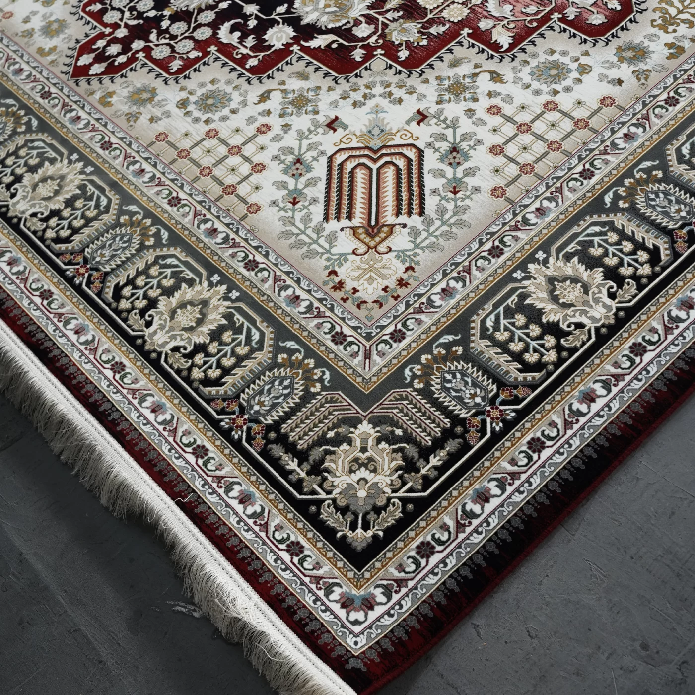 فرش ماشینی 1200 شانه تراکم 3600 گل برجسته طرح شانار لاکی