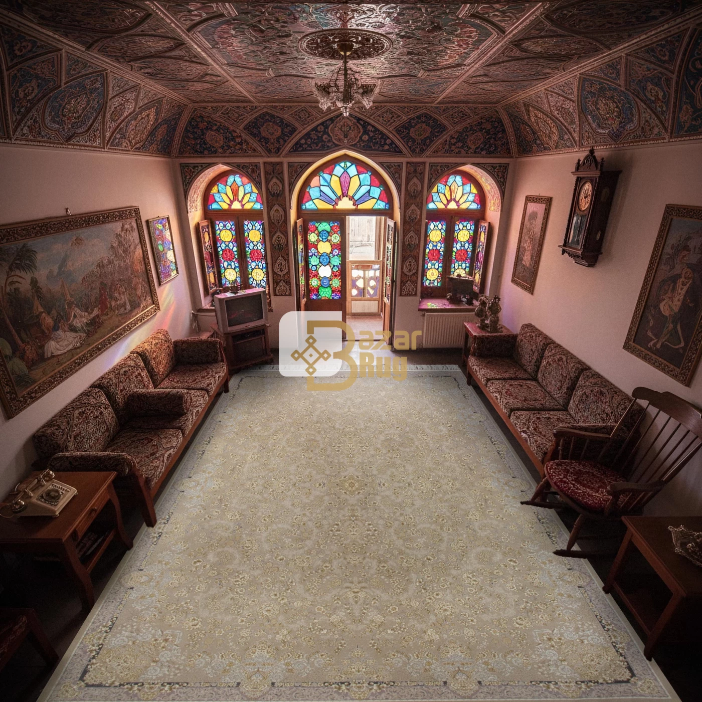 فرش ماشینی ۱۲۰۰ شانه تراکم ۳۶۰۰ گل برجسته طرح شادلین صدفی