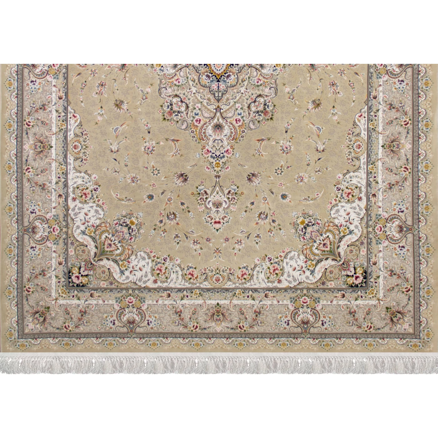 فرش ماشینی ۱۲۰۰ شانه تراکم ۳۶۰۰ گل برجسته طرح شقایق بژ