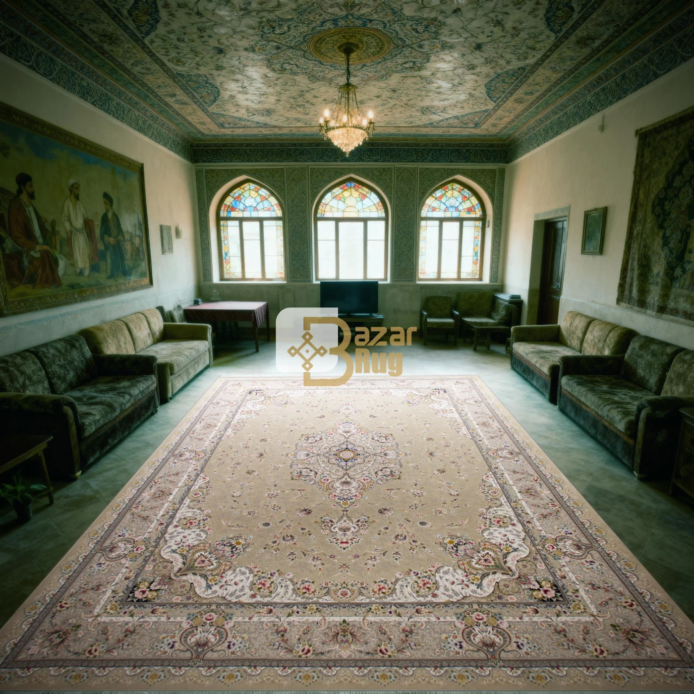 فرش ماشینی ۱۲۰۰ شانه تراکم ۳۶۰۰ گل برجسته طرح شقایق بژ