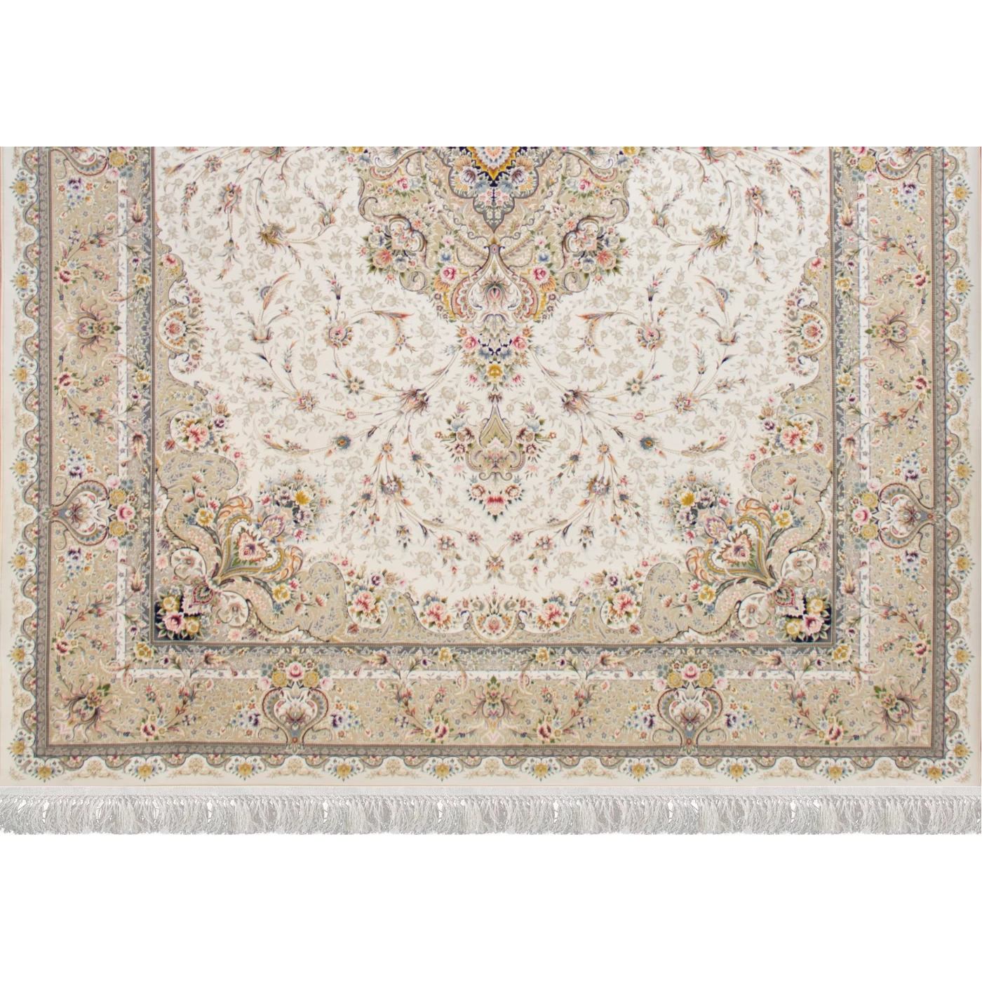 فرش ماشینی ۱۲۰۰ شانه تراکم ۳۶۰۰ گل برجسته طرح شقایق کرم