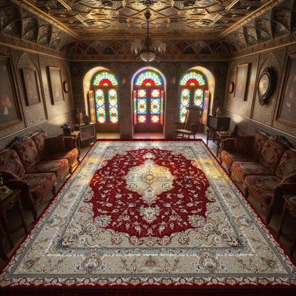 فرش ماشینی ۱۲۰۰ شانه تراکم ۳۶۰۰ گل برجسته طرح شقایق لاکی