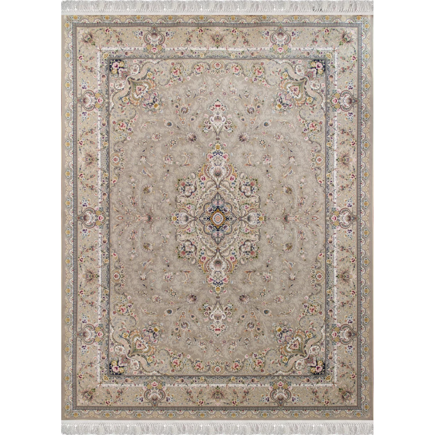 فرش ماشینی ۱۲۰۰ شانه تراکم ۳۶۰۰ گل برجسته طرح شقایق نقره ای