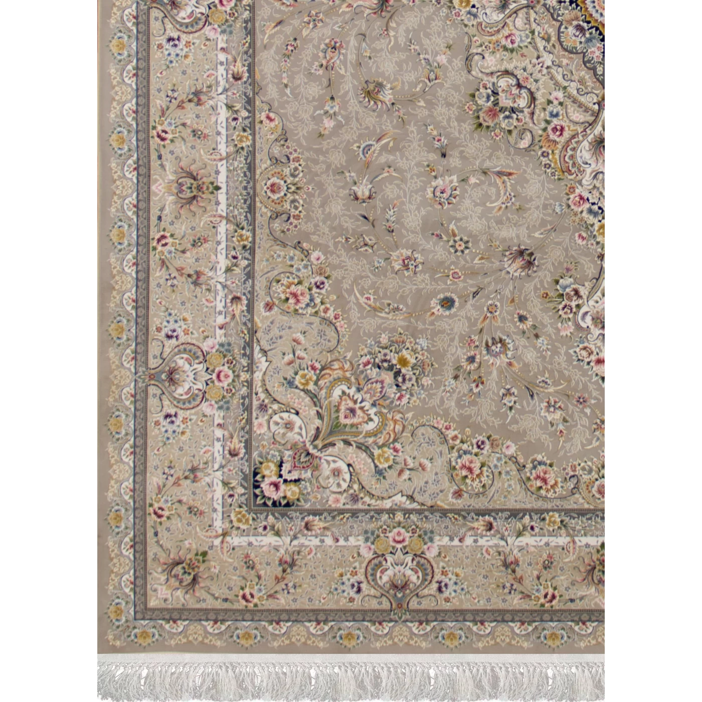 فرش ماشینی ۱۲۰۰ شانه تراکم ۳۶۰۰ گل برجسته طرح شقایق نقره ای