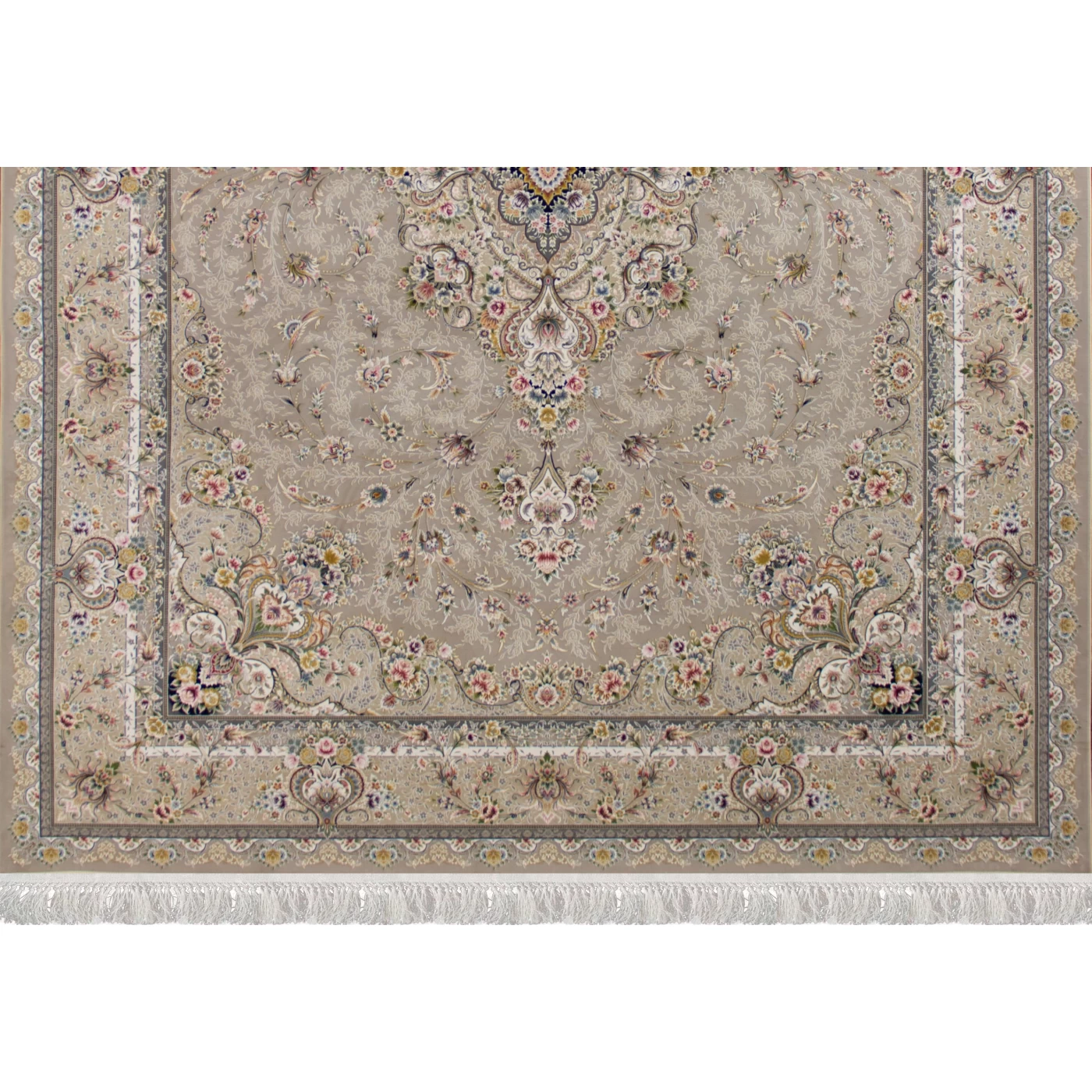 فرش ماشینی ۱۲۰۰ شانه تراکم ۳۶۰۰ گل برجسته طرح شقایق نقره ای