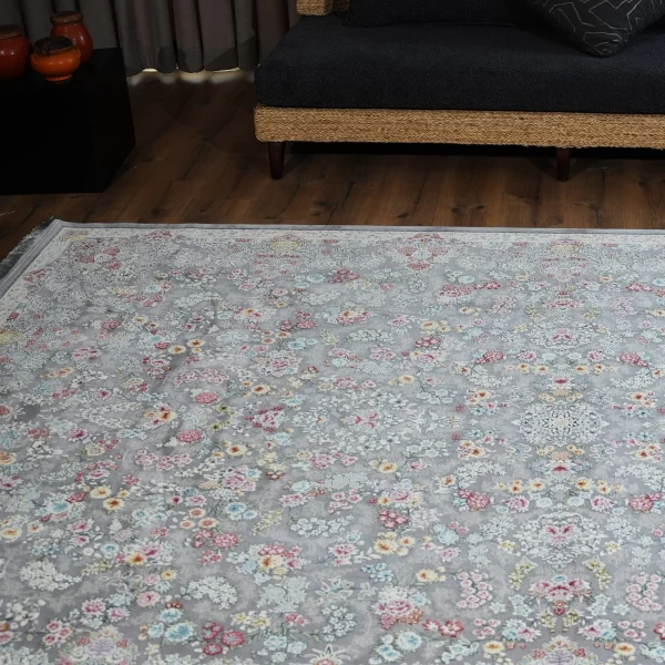 فرش ماشینی 1200 شانه تراکم 3600 گل برجسته طرح شیدا نقره ای