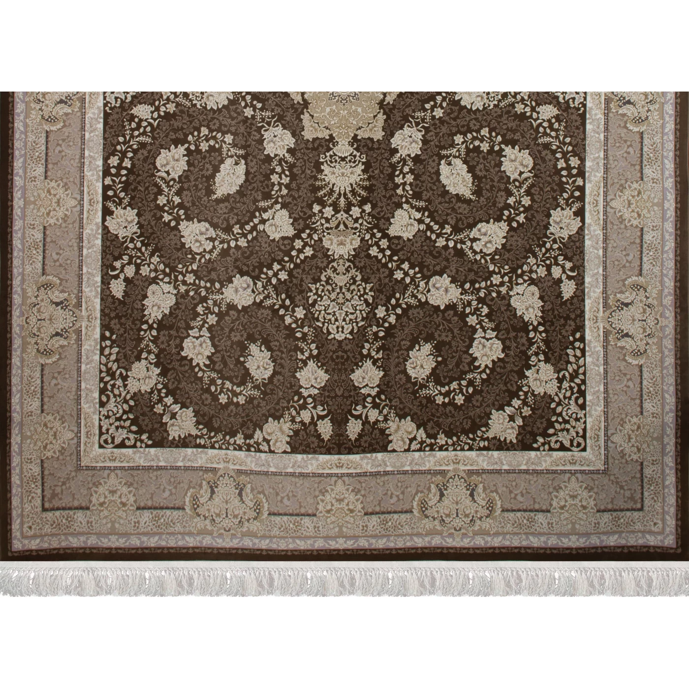 فرش ماشینی 1200 شانه تراکم 3600گل برجسته طرح سوگل شکلاتی