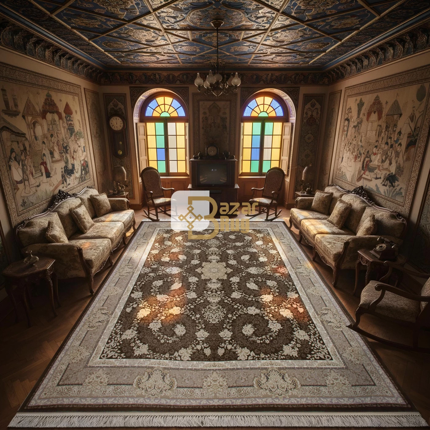 فرش ماشینی 1200 شانه تراکم 3600گل برجسته طرح سوگل شکلاتی