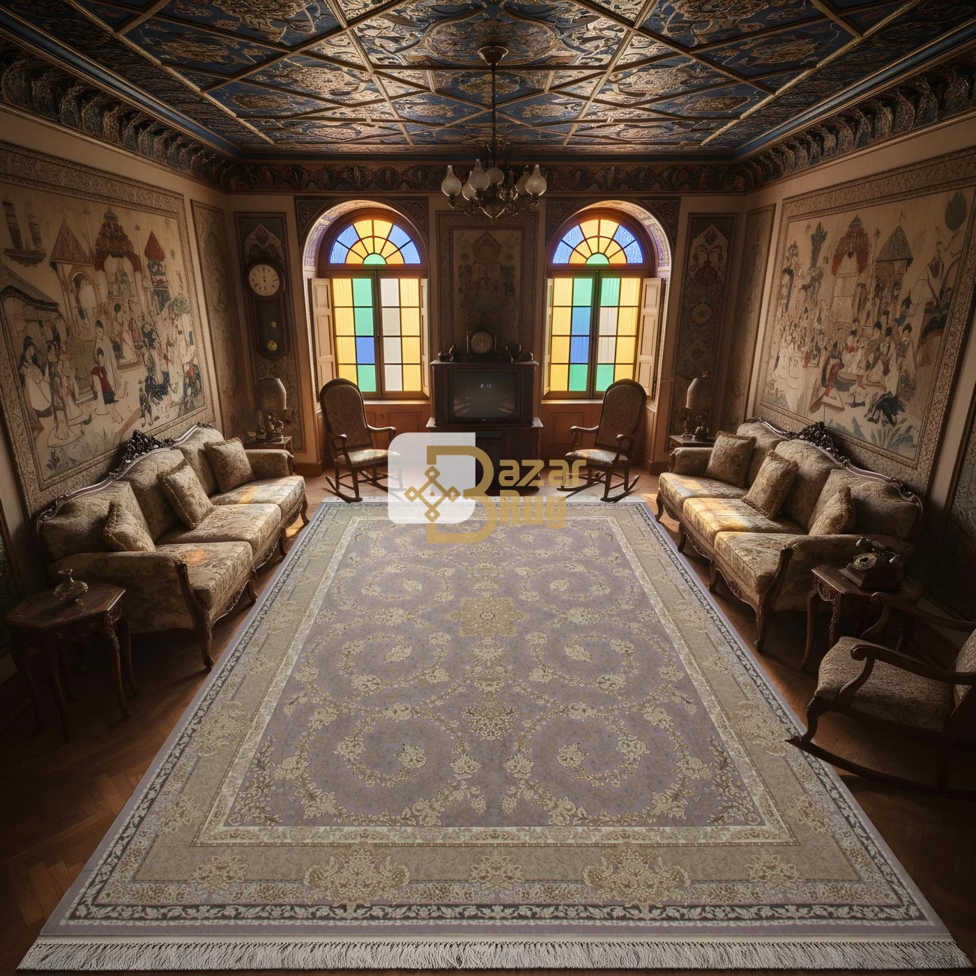 فرش ماشینی 1200 شانه تراکم 3600گل برجسته طرح سوگل یاسی