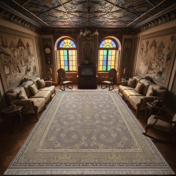 فرش ماشینی 1200 شانه تراکم 3600گل برجسته طرح سوگل یاسی