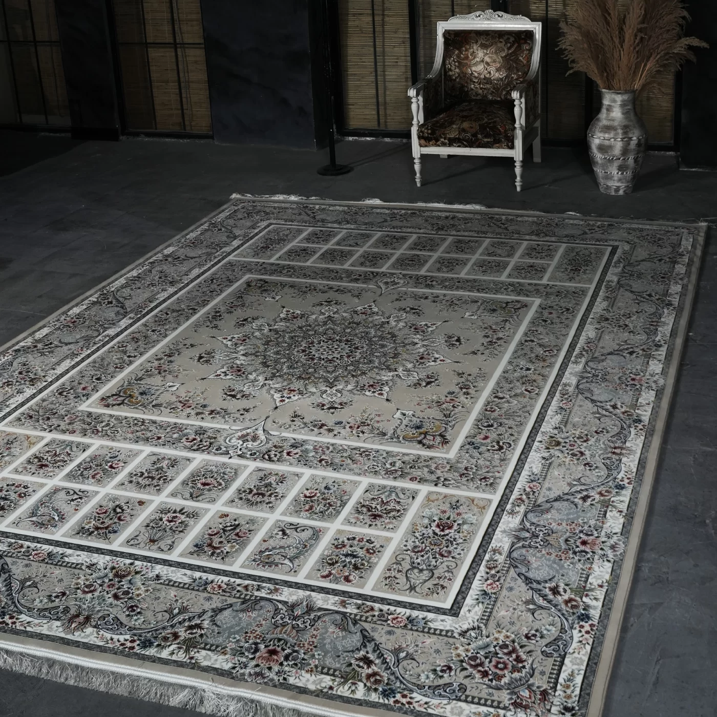 فرش ماشینی 1200 شانه تراکم 3600 گل برجسته طرح شور انگیز بژ