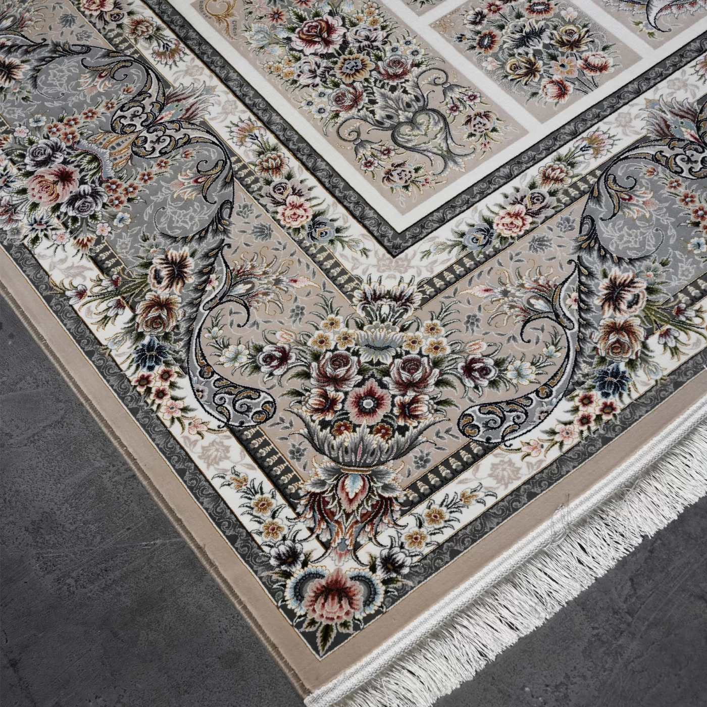 فرش ماشینی 1200 شانه تراکم 3600 گل برجسته طرح شور انگیز بژ